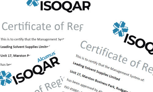 Two ISOQAR certification documents for Leading Solvent Supplies Limited on a white background.